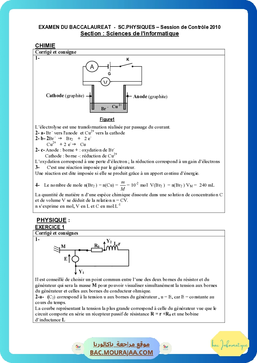 Corrigé controle physique Bac 2010 – Section info